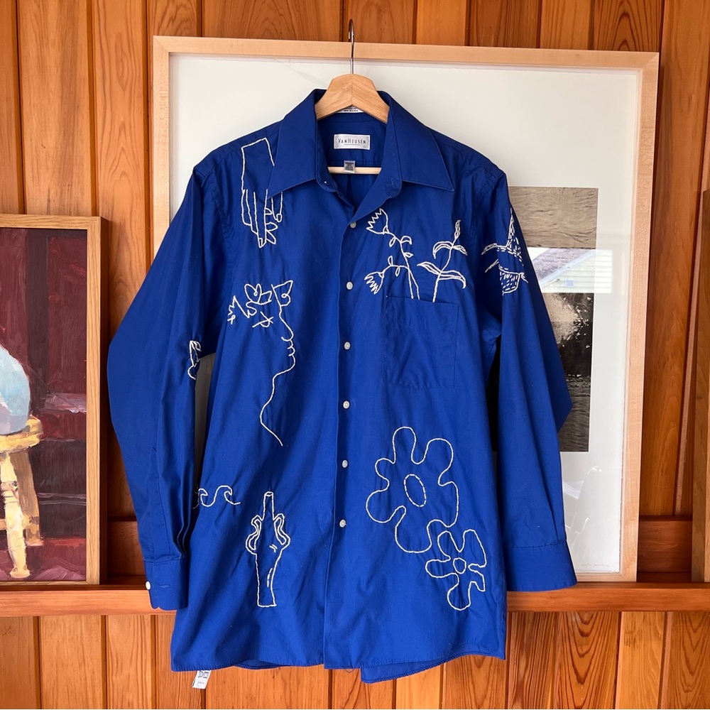 Hand Embroidered Klein Blue Button-Up Poplin Shirt